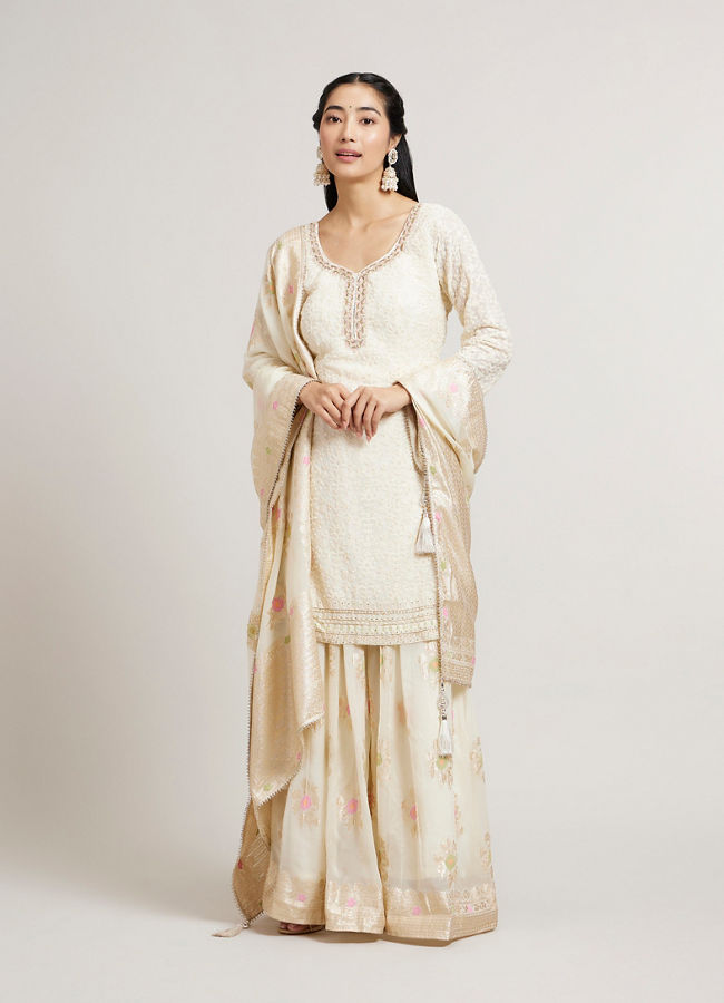 Mohey Women Dark Cream Floral Patterned Palazzo Suit Set with Sequin