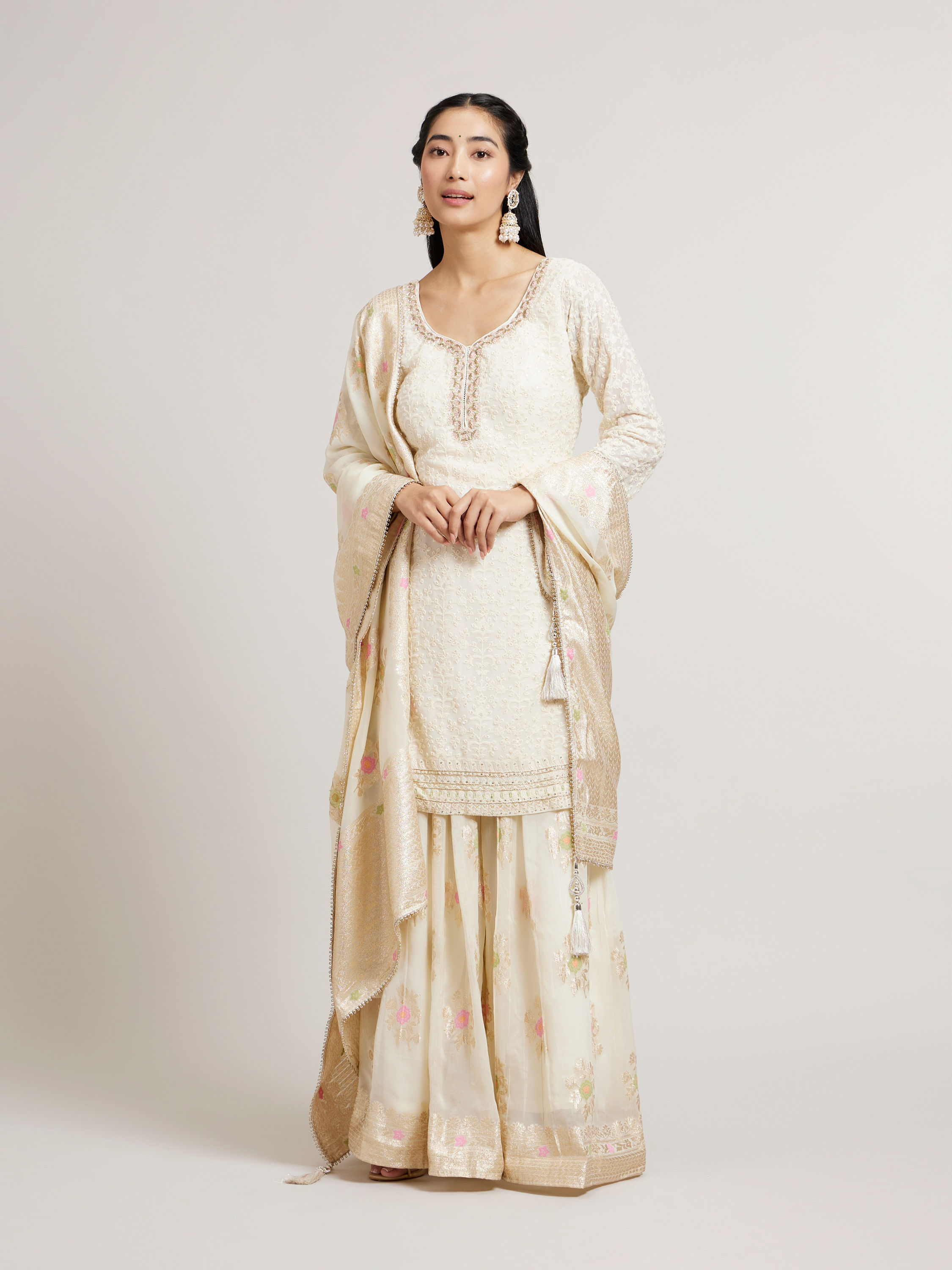Buy Dark Cream Floral Patterned Palazzo Suit Set with Sequin Online in ...