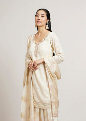 Mohey Women Dark Cream Floral Patterned Palazzo Suit Set with Sequin