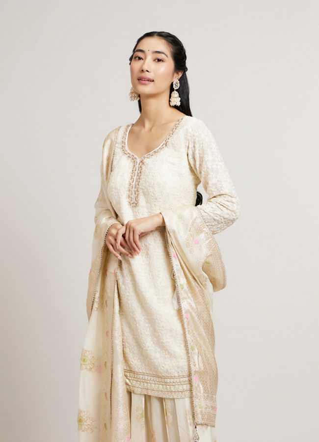 Mohey Women Dark Cream Floral Patterned Palazzo Suit Set with Sequin
