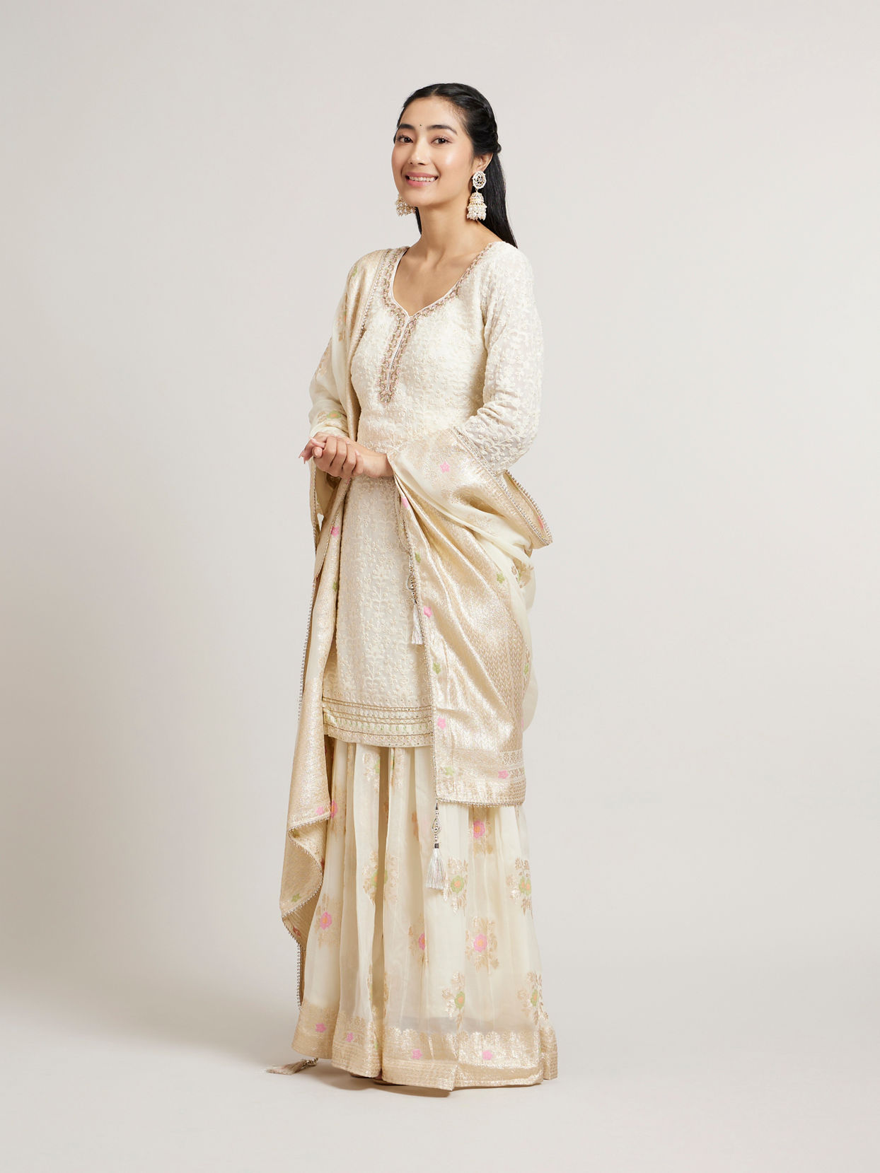 Buy Dark Cream Floral Patterned Palazzo Suit Set with Sequin Online in ...