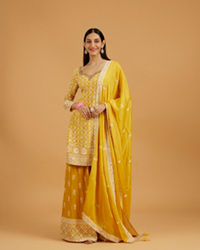 Mohey Women Mustard Yellow Floral Buta Jaal Patterned Palazzo Suit with Sequin Work