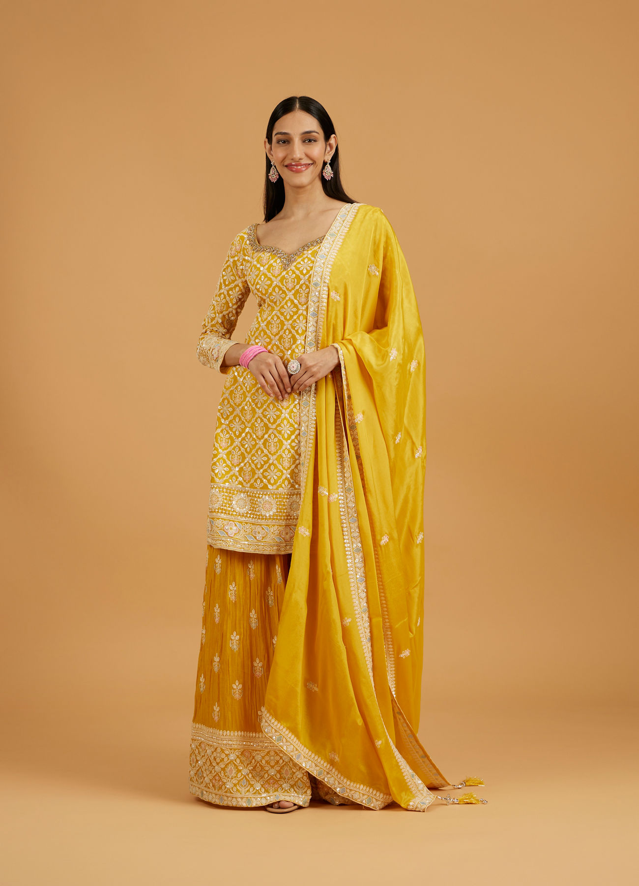 Mohey Women Mustard Yellow Floral Buta Jaal Patterned Palazzo Suit with Sequin Work