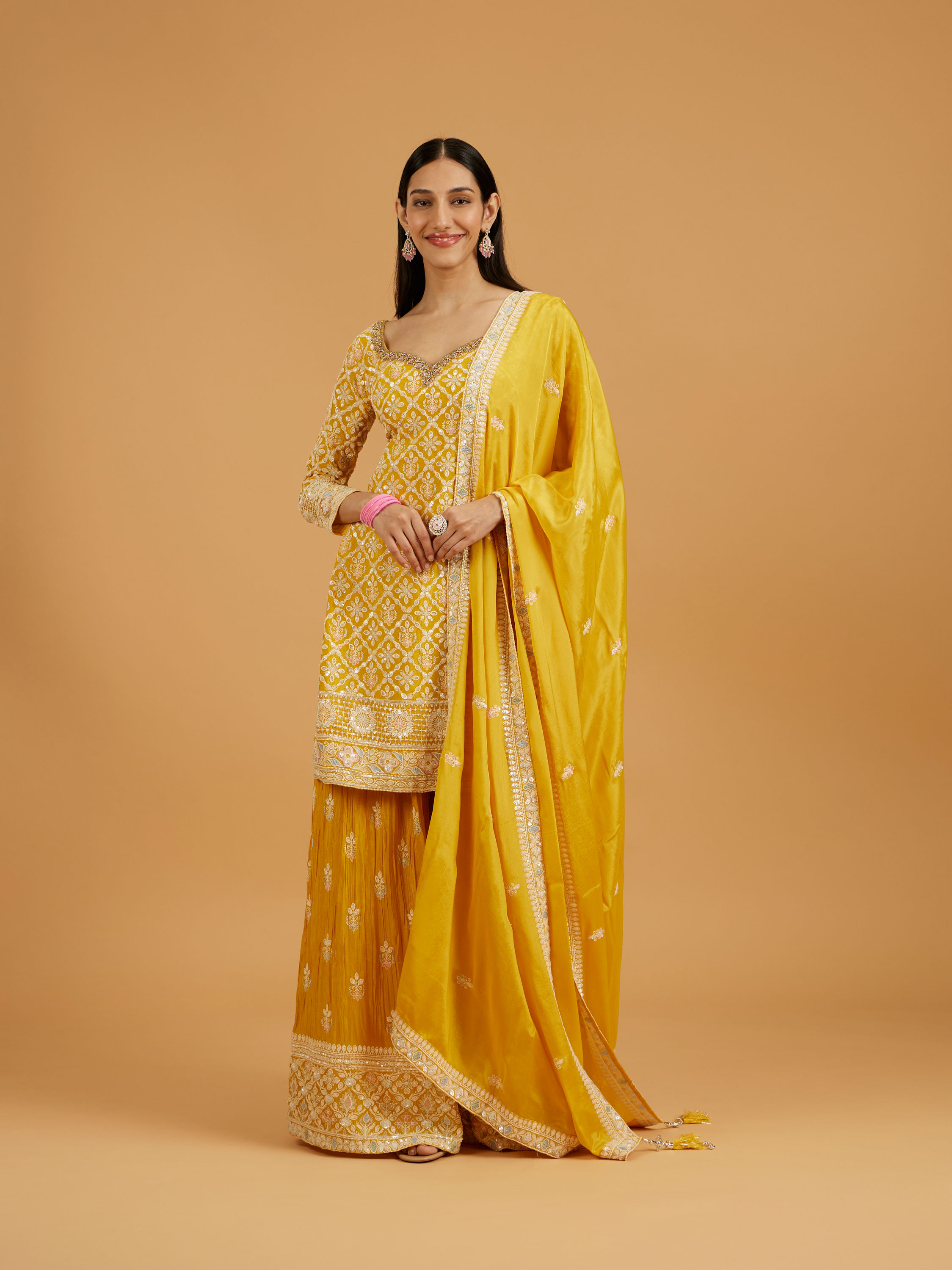 Mohey Women Mustard Yellow Floral Buta Jaal Patterned Palazzo Suit with Sequin Work