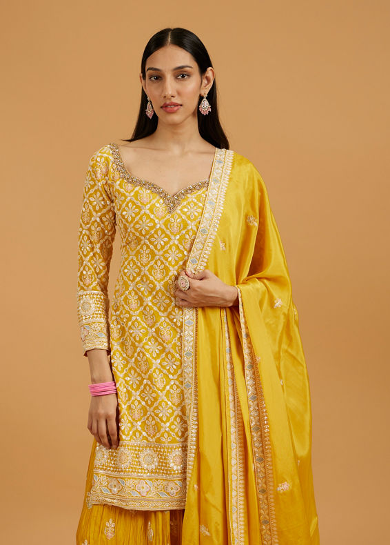 Mohey Women Mustard Yellow Floral Buta Jaal Patterned Palazzo Suit with Sequin Work