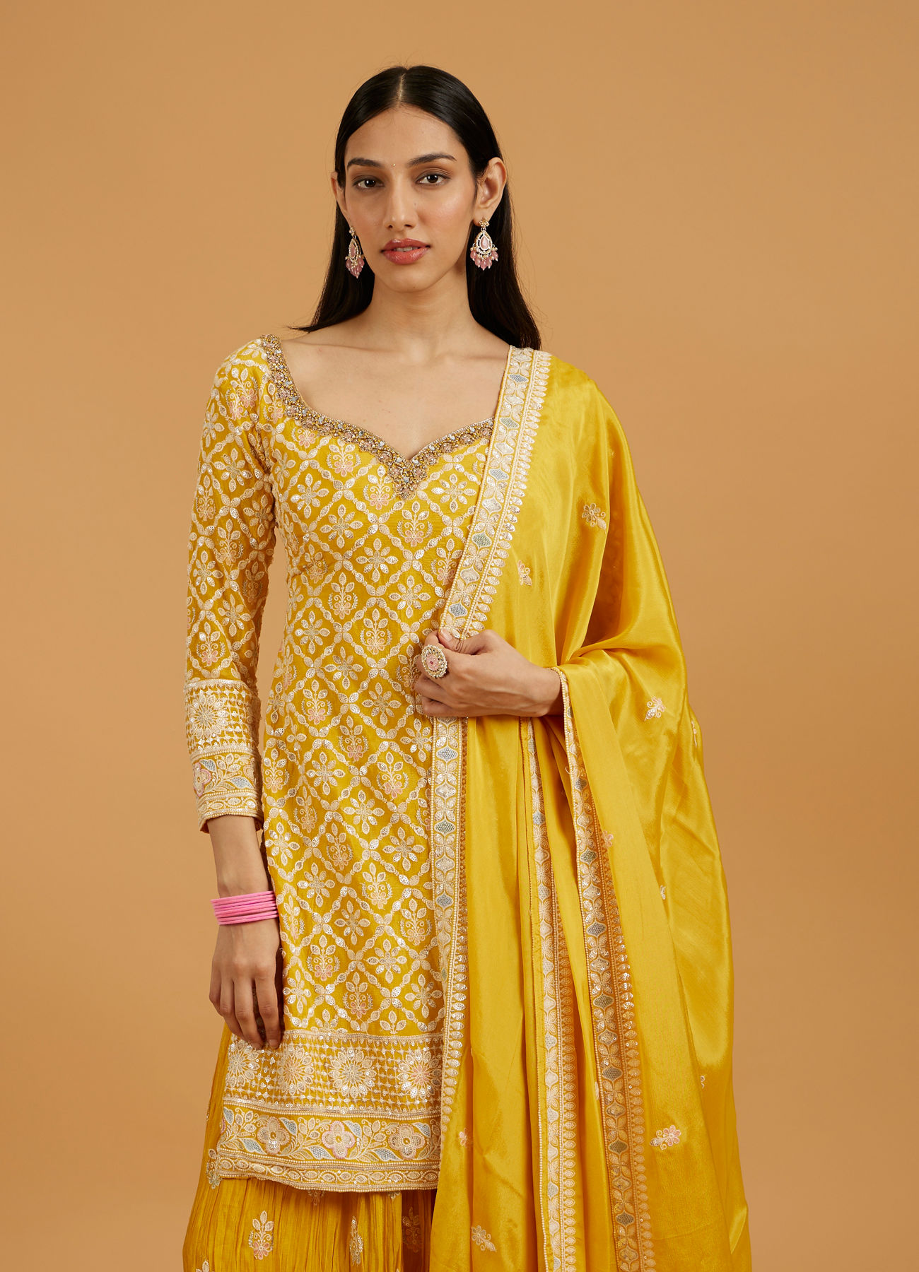 Mohey Women Mustard Yellow Floral Buta Jaal Patterned Palazzo Suit with Sequin Work