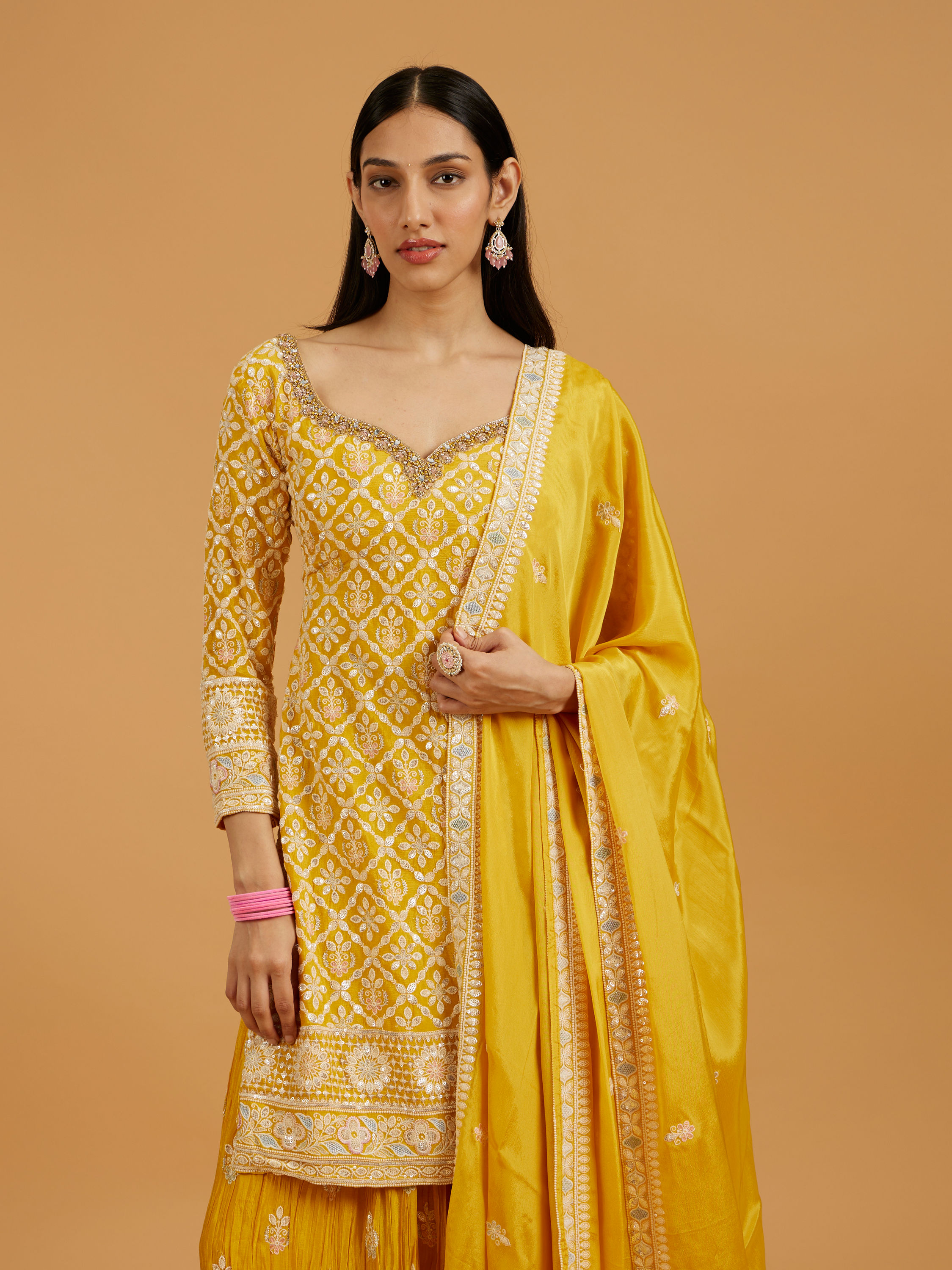 Mohey Women Mustard Yellow Floral Buta Jaal Patterned Palazzo Suit with Sequin Work