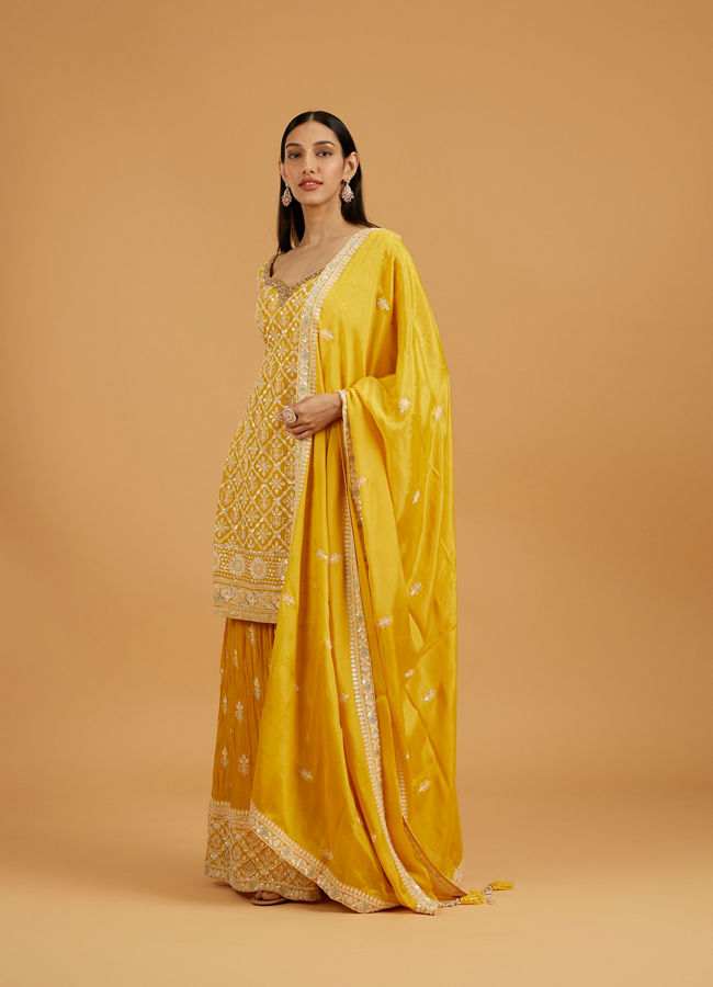 Mohey Women Mustard Yellow Floral Buta Jaal Patterned Palazzo Suit with Sequin Work