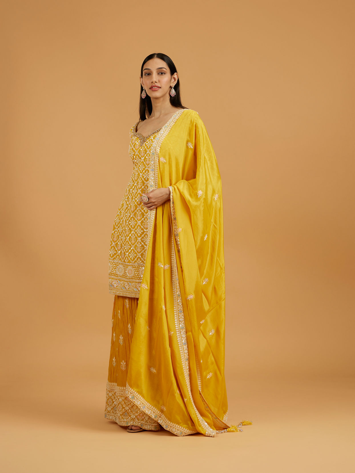 Mohey Women Mustard Yellow Floral Buta Jaal Patterned Palazzo Suit with Sequin Work