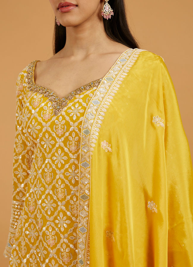 Mohey Women Mustard Yellow Floral Buta Jaal Patterned Palazzo Suit with Sequin Work