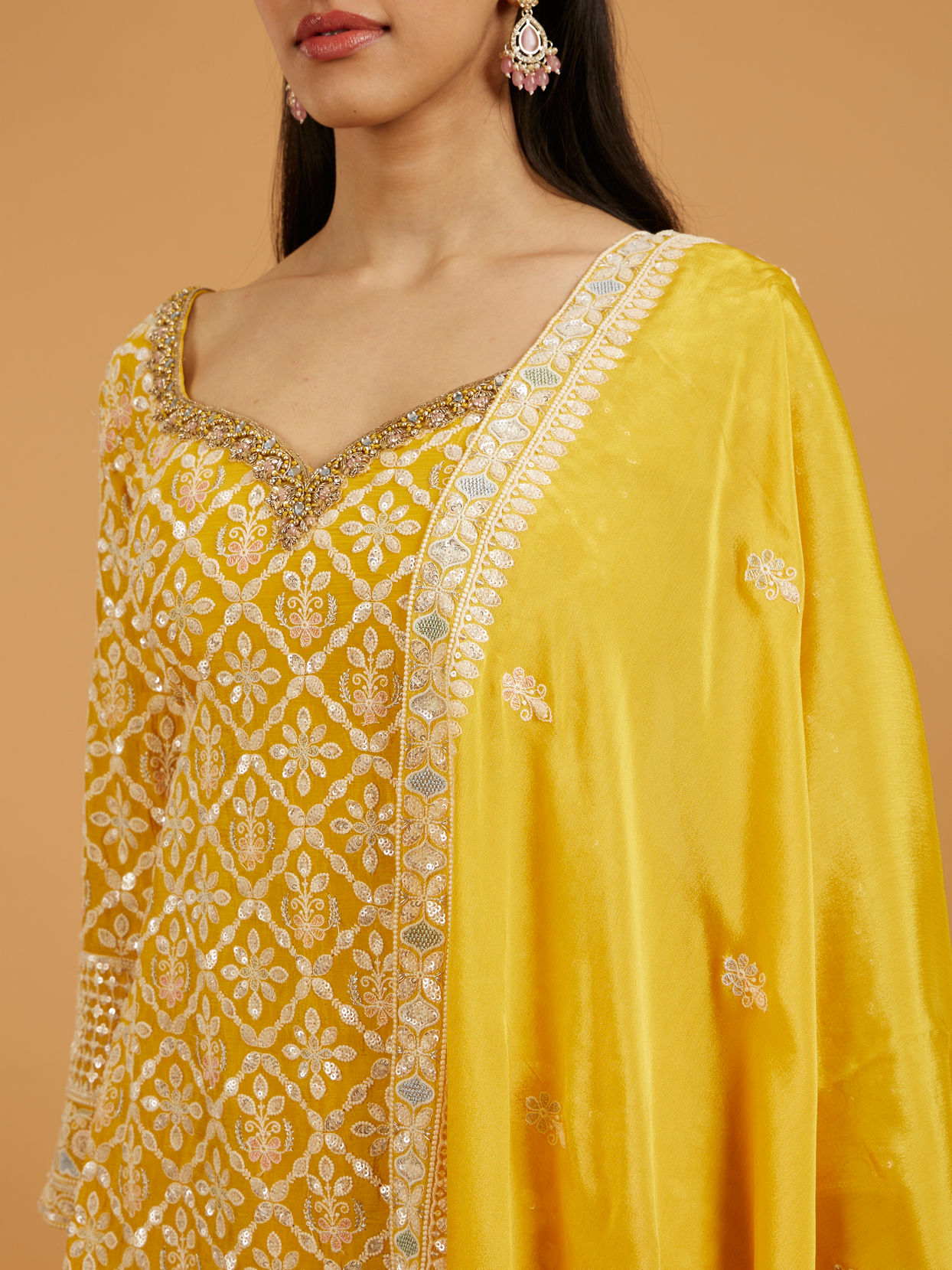 Mohey Women Mustard Yellow Floral Buta Jaal Patterned Palazzo Suit with Sequin Work