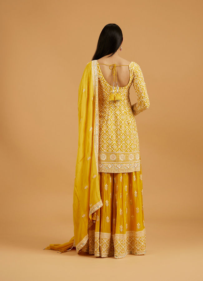 Mohey Women Mustard Yellow Floral Buta Jaal Patterned Palazzo Suit with Sequin Work