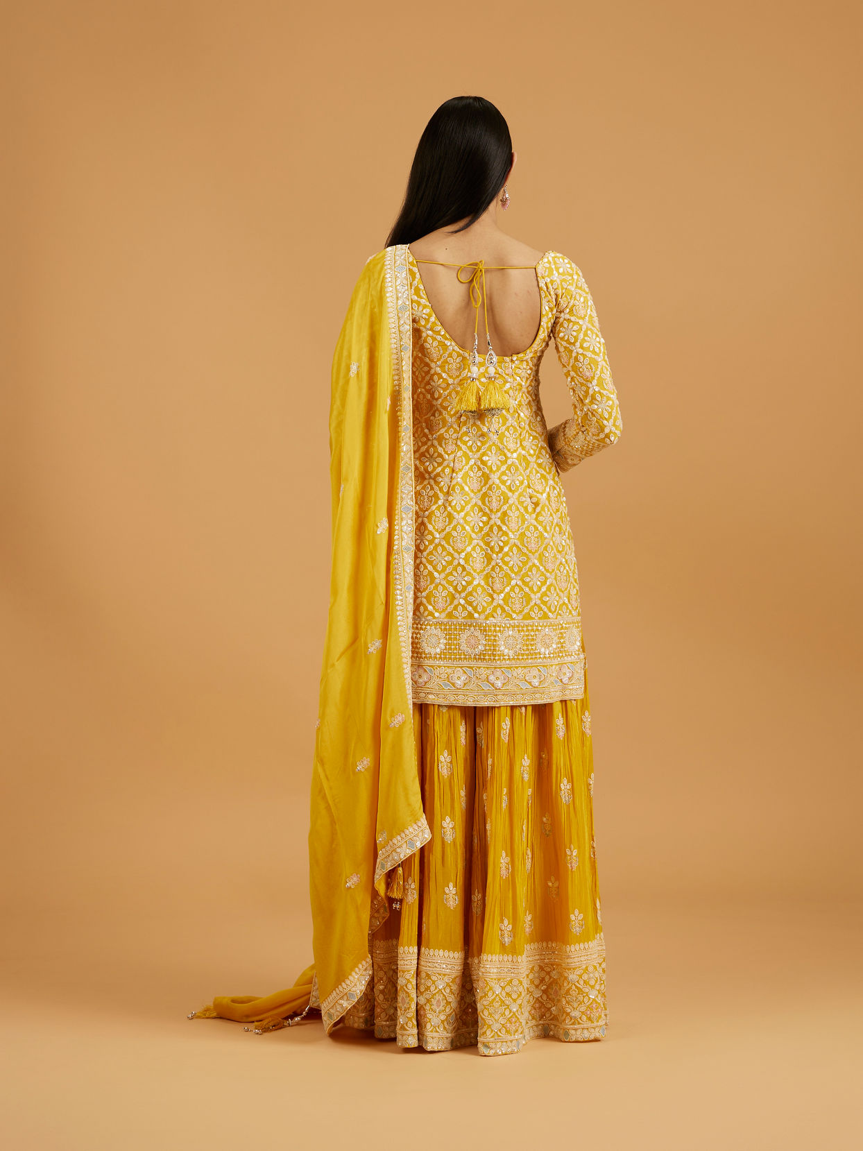 Mohey Women Mustard Yellow Floral Buta Jaal Patterned Palazzo Suit with Sequin Work