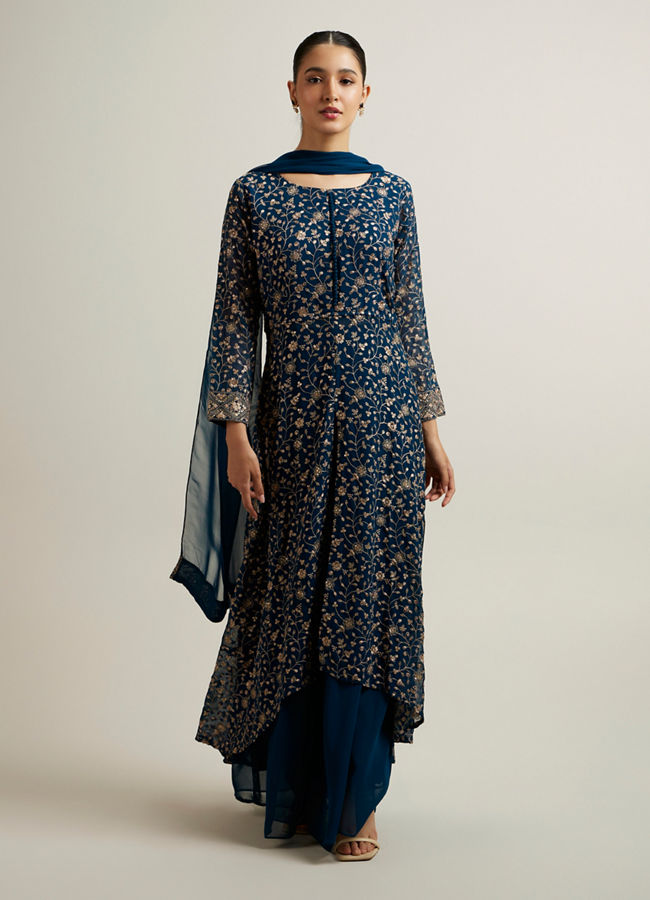 Mohey Women Teal Blue Bel Buti Embroidered Anarkali Suit
