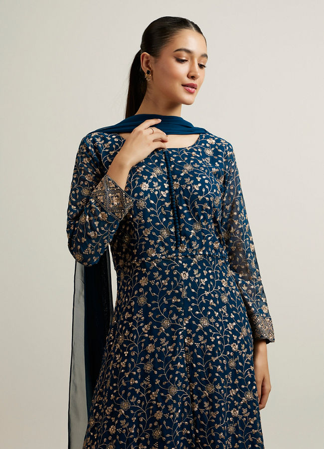 Mohey Women Teal Blue Bel Buti Embroidered Anarkali Suit