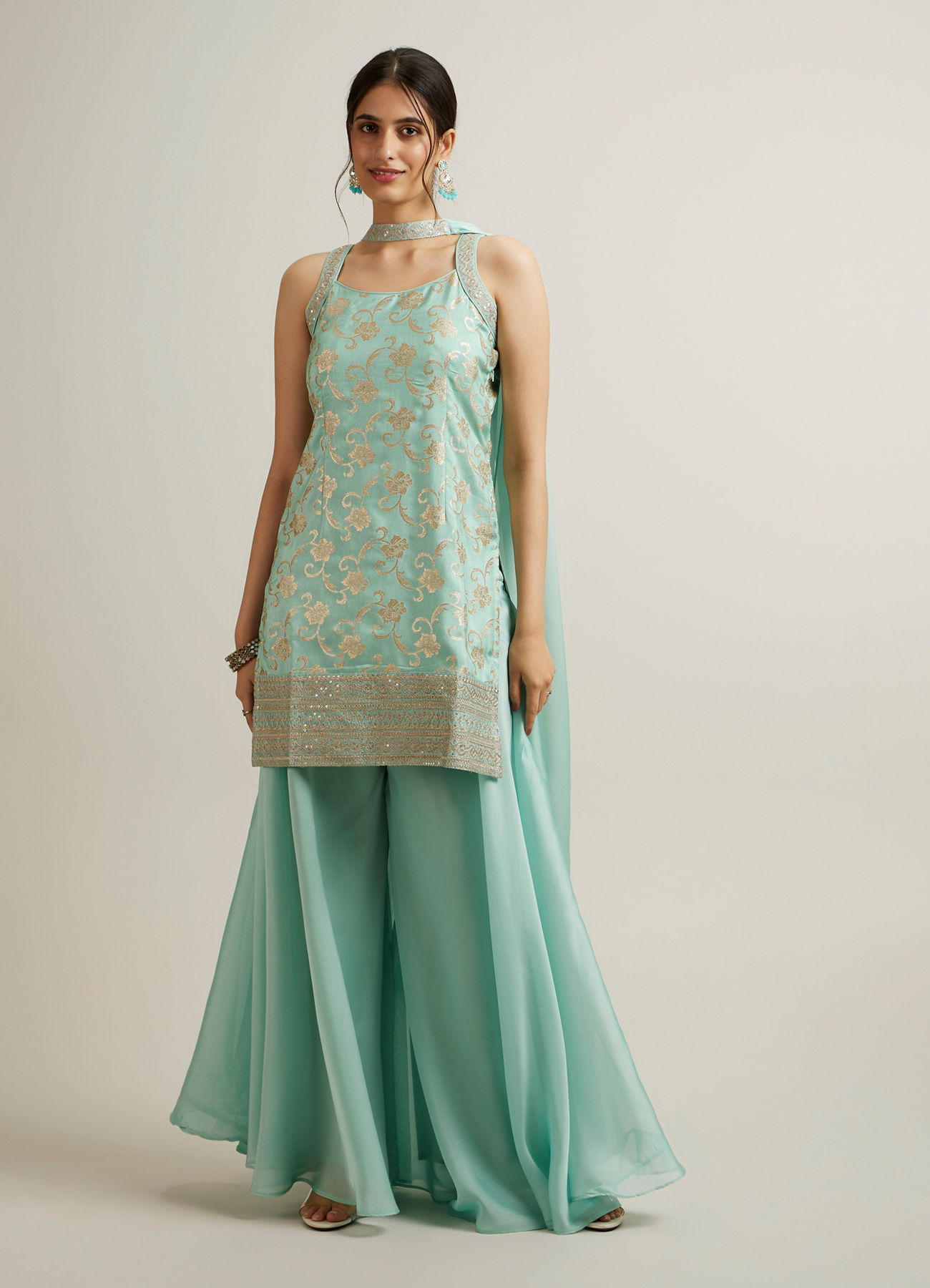 Mohey Women Sea Green Silk with Embroidery and Sequin Palazzo Suit