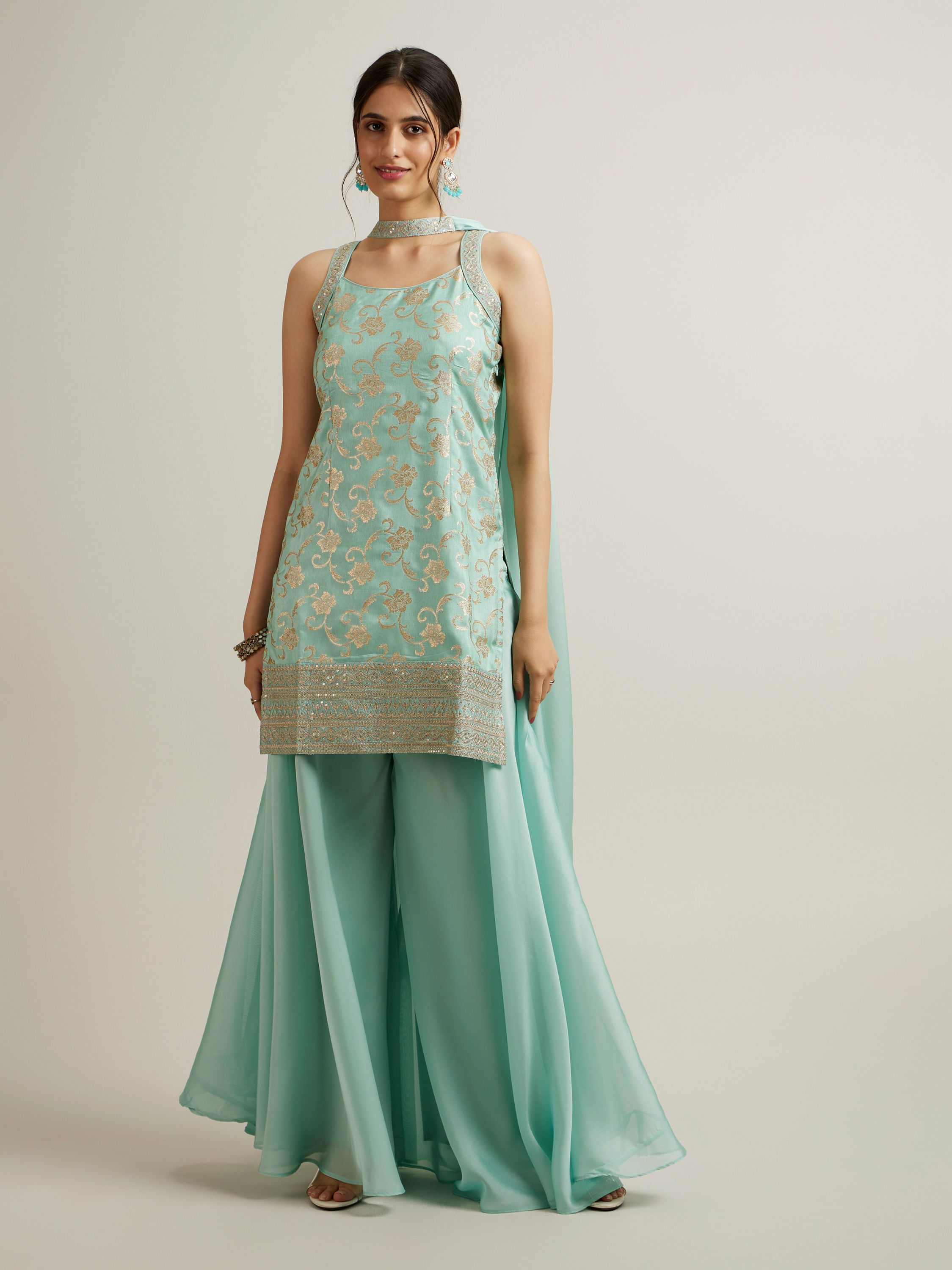 Mohey Women Sea Green Silk with Embroidery and Sequin Palazzo Suit