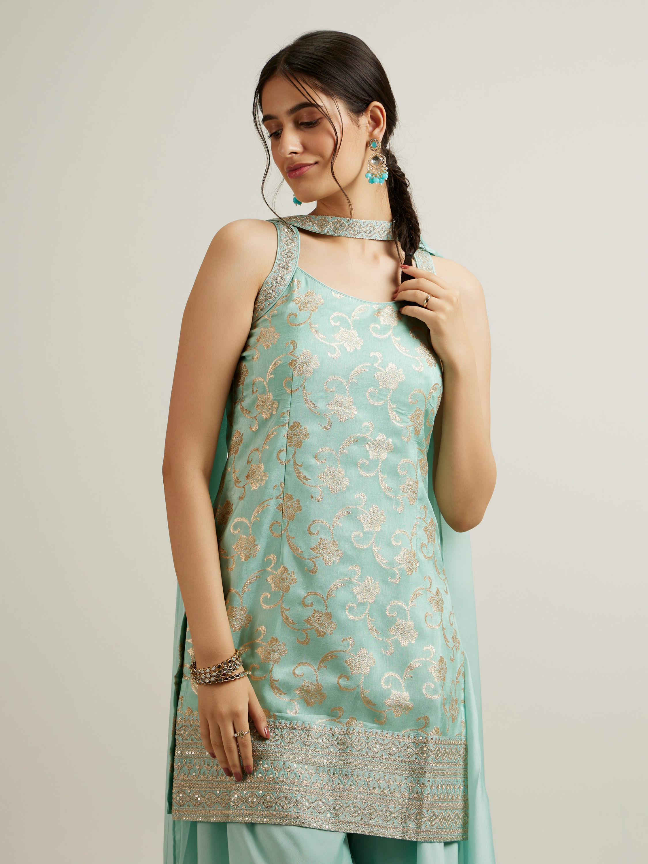 Mohey Women Sea Green Silk with Embroidery and Sequin Palazzo Suit
