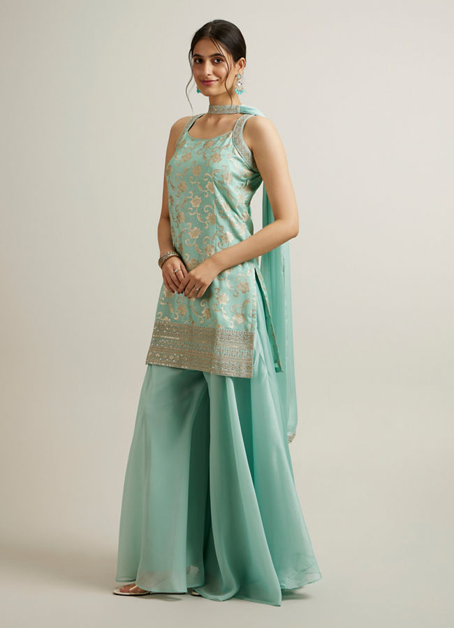 Mohey Women Sea Green Silk with Embroidery and Sequin Palazzo Suit