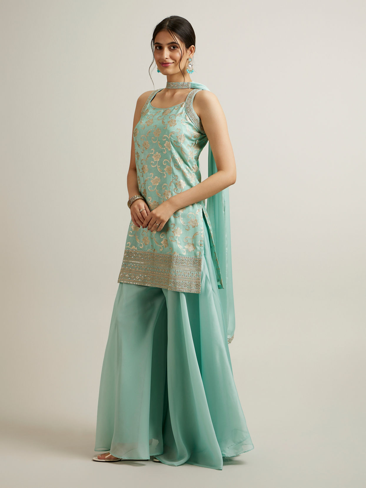 Mohey Women Sea Green Silk with Embroidery and Sequin Palazzo Suit
