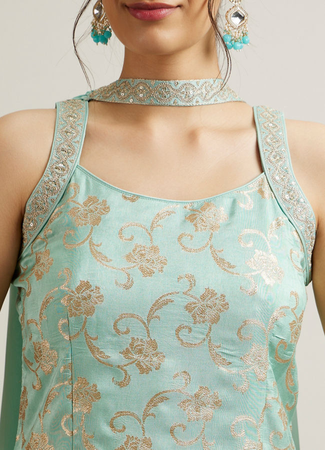 Mohey Women Sea Green Silk with Embroidery and Sequin Palazzo Suit