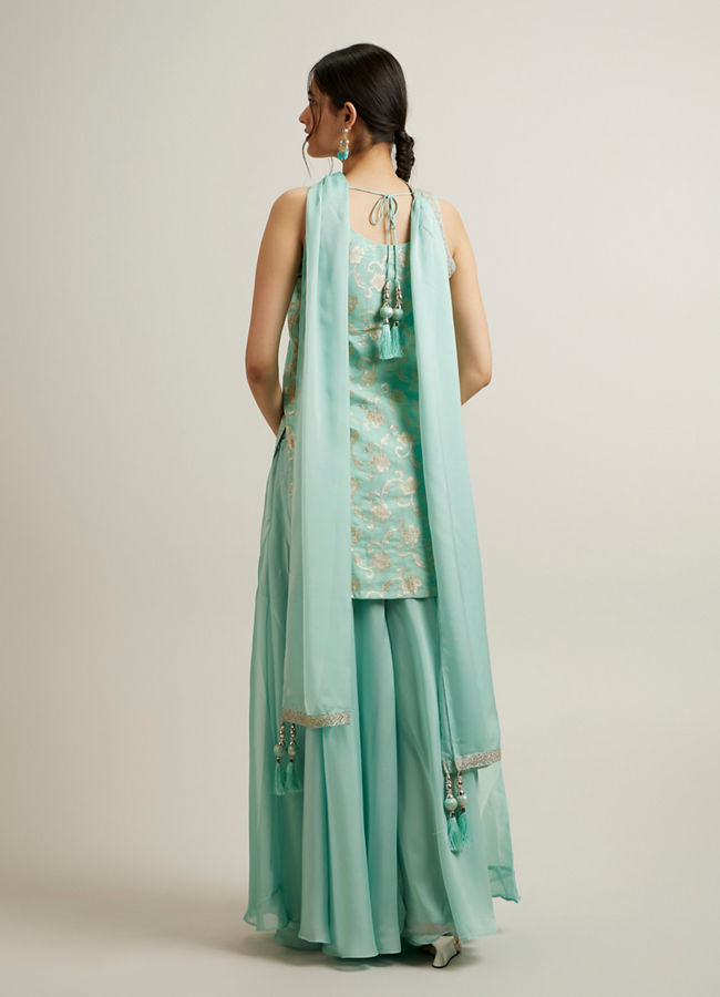 Mohey Women Sea Green Silk with Embroidery and Sequin Palazzo Suit