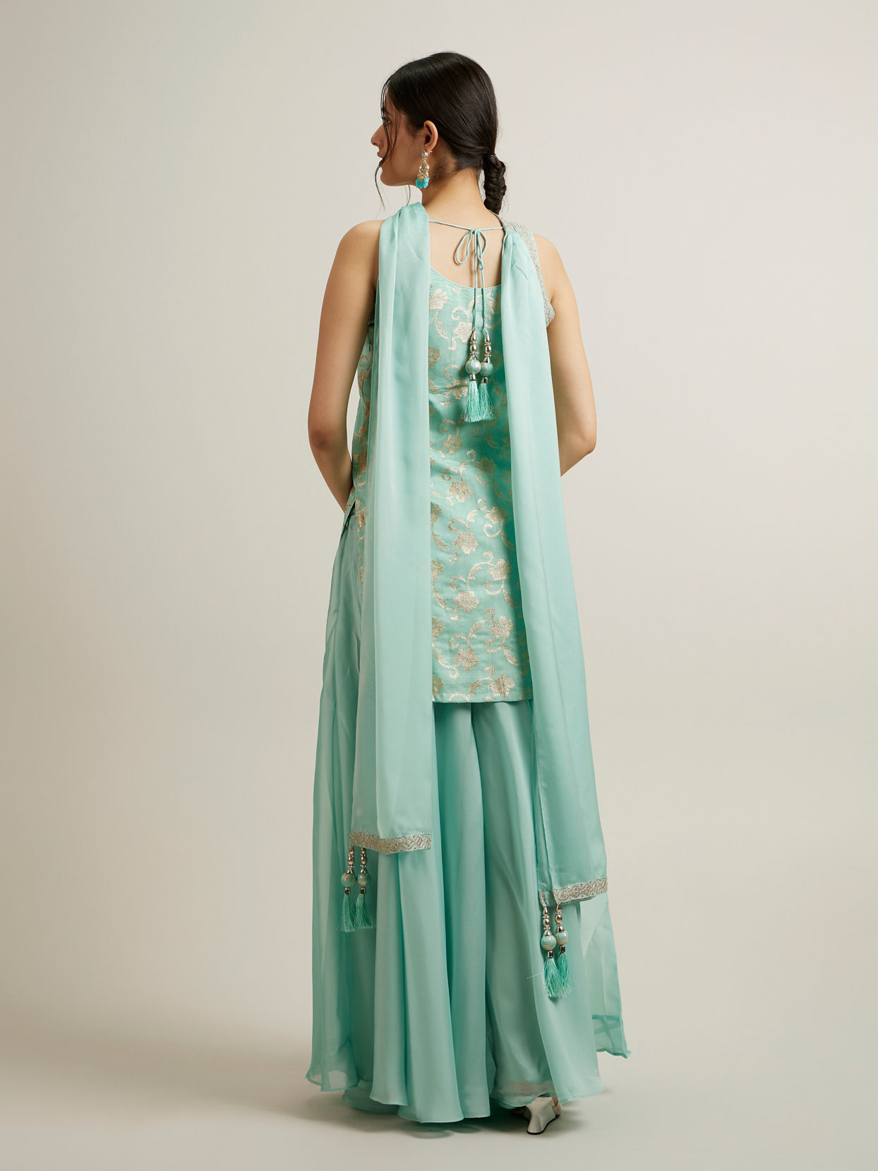 Mohey Women Sea Green Silk with Embroidery and Sequin Palazzo Suit