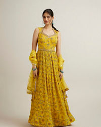 Mohey Women Mustard Yellow Bel Buti Patterned Anarkali Suit