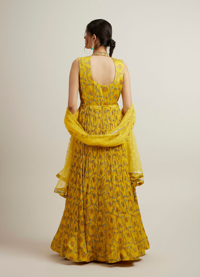 Mohey Women Mustard Yellow Bel Buti Patterned Anarkali Suit