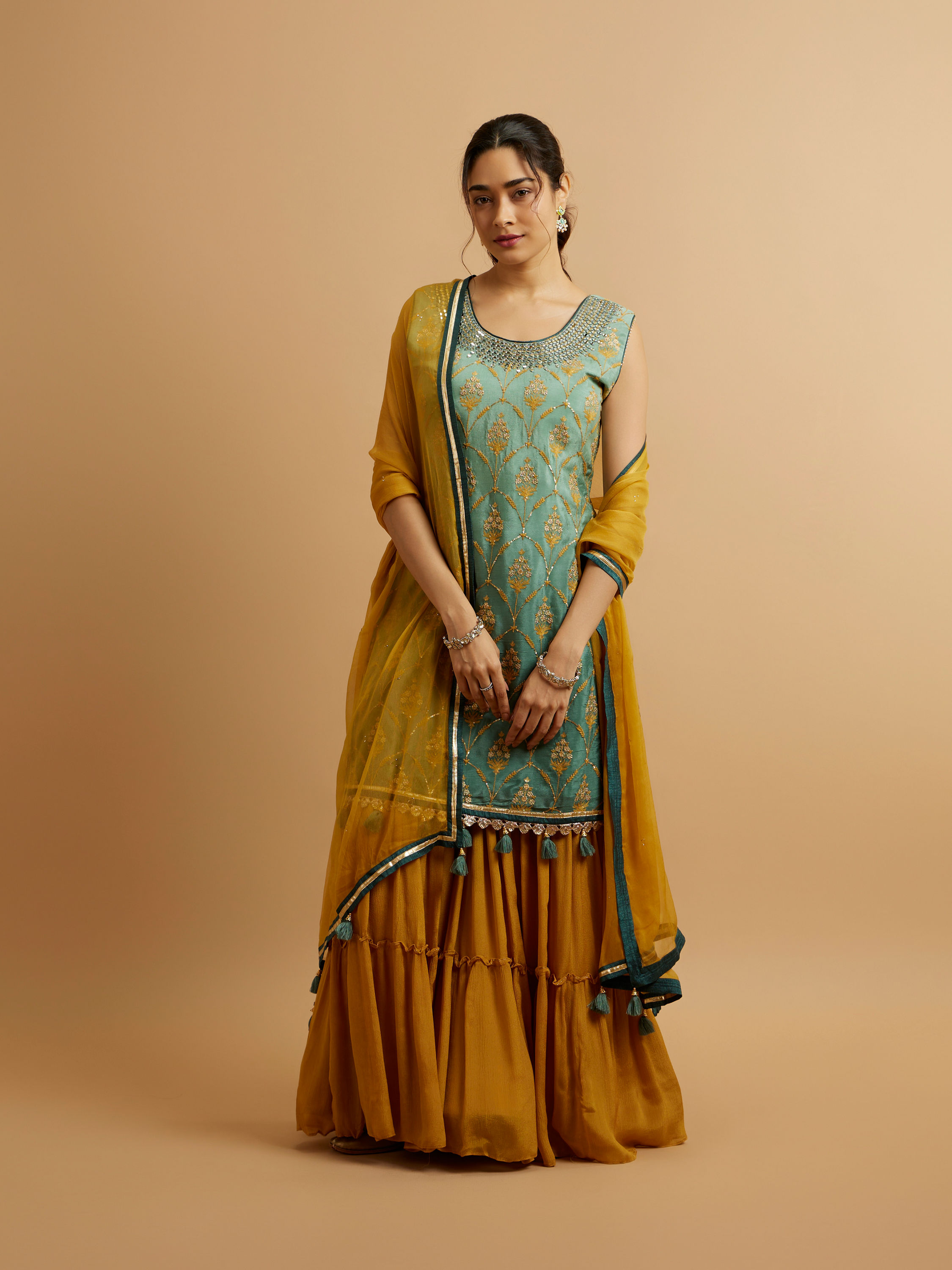 Mohey Women Sea Green Mustard Yellow Buta Patterned Stitched Suit