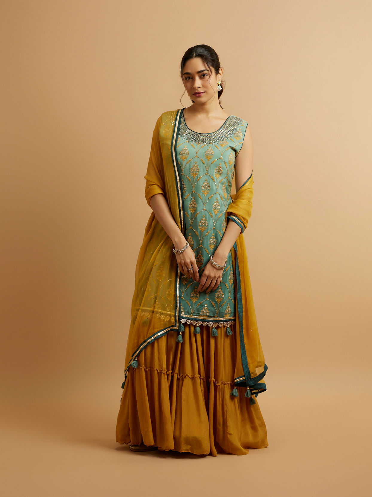 alt message - Mohey Women Sea Green Mustard Yellow Buta Patterned Stitched Suit image number 0