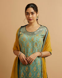 Mohey Women Sea Green Mustard Yellow Buta Patterned Stitched Suit