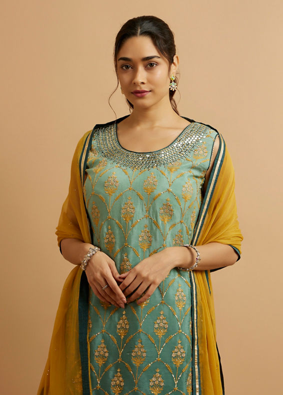 Mohey Women Sea Green Mustard Yellow Buta Patterned Stitched Suit