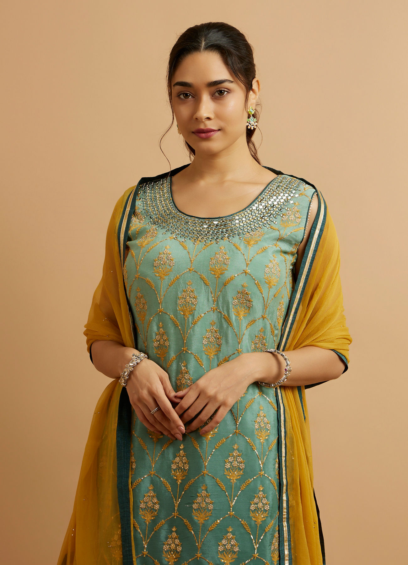 Mohey Women Sea Green Mustard Yellow Buta Patterned Stitched Suit