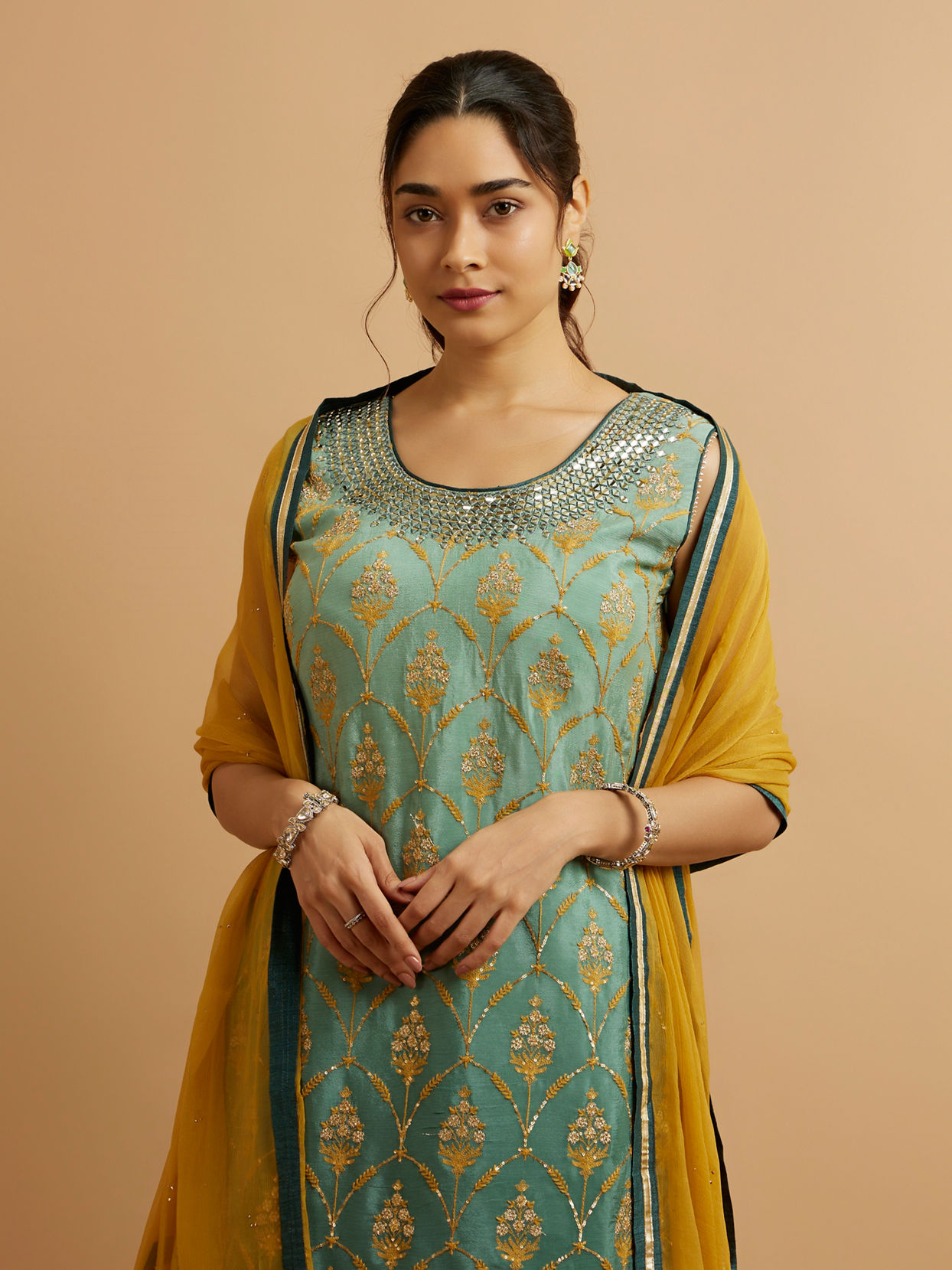 alt message - Mohey Women Sea Green Mustard Yellow Buta Patterned Stitched Suit image number 1