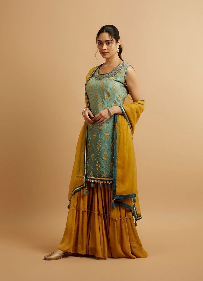 alt message - Mohey Women Sea Green Mustard Yellow Buta Patterned Stitched Suit image number 2