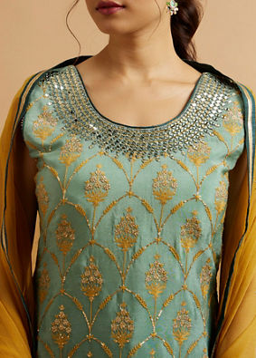 alt message - Mohey Women Sea Green Mustard Yellow Buta Patterned Stitched Suit image number 3