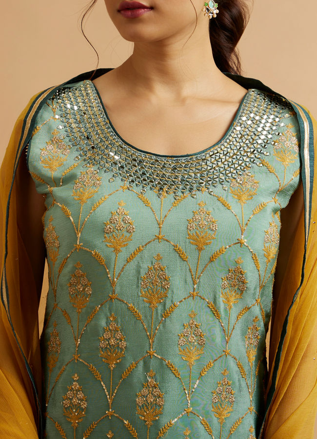 Mohey Women Sea Green Mustard Yellow Buta Patterned Stitched Suit