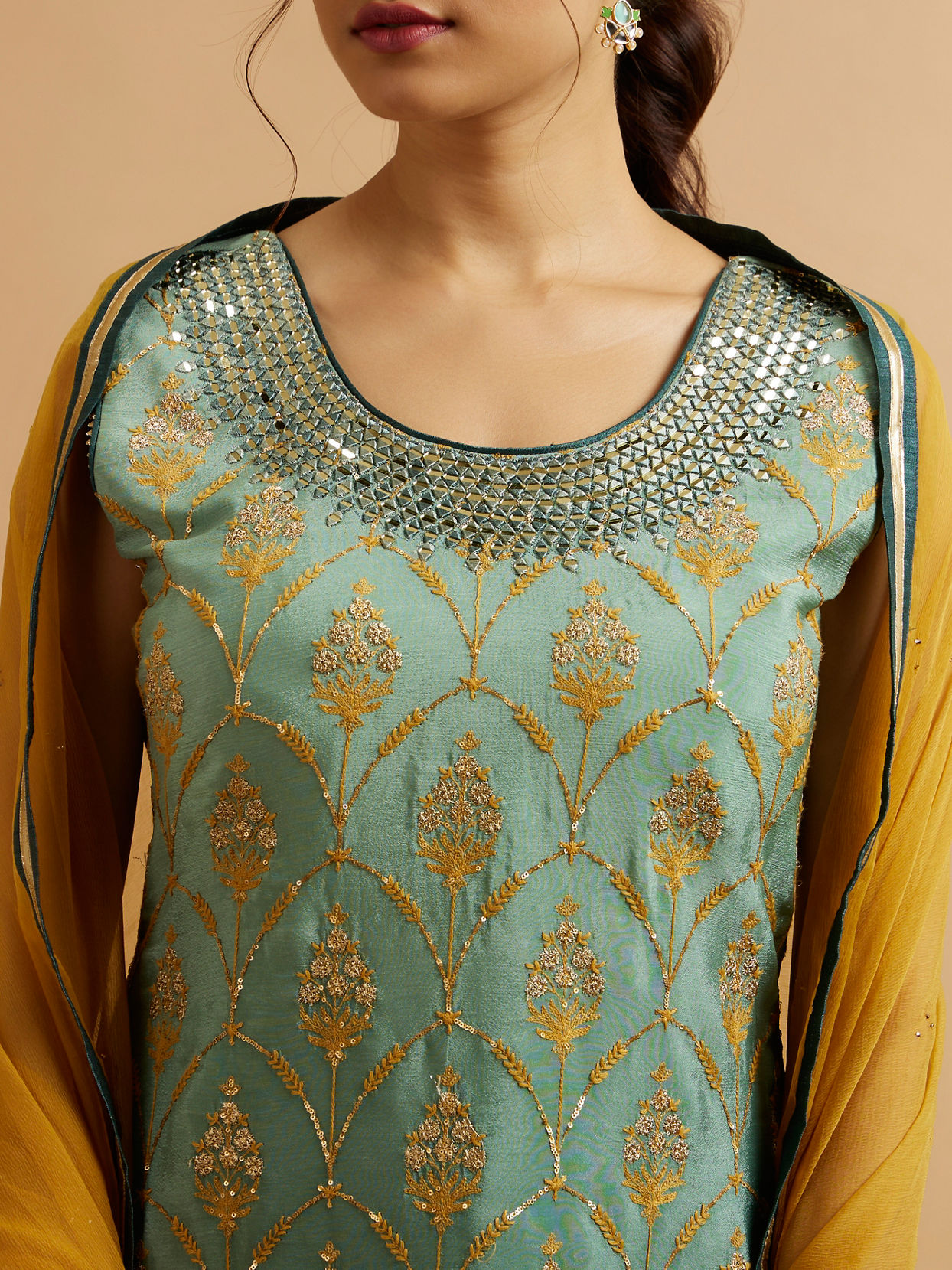 Mohey Women Sea Green Mustard Yellow Buta Patterned Stitched Suit