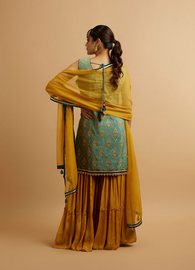 alt message - Mohey Women Sea Green Mustard Yellow Buta Patterned Stitched Suit image number 4