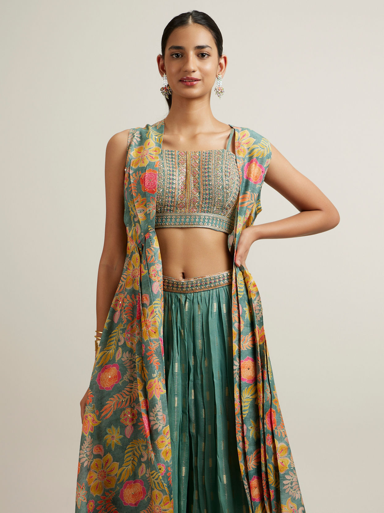 Mohey Women Emerald Elegance Georgette with Mirror and Sequin Indo Western