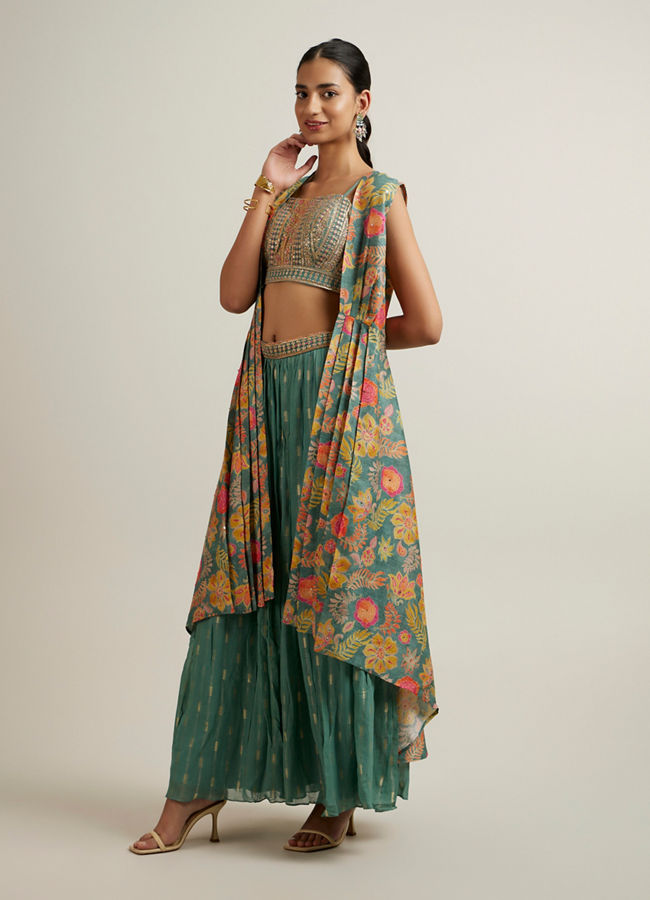 Mohey Women Emerald Elegance Georgette with Mirror and Sequin Indo Western