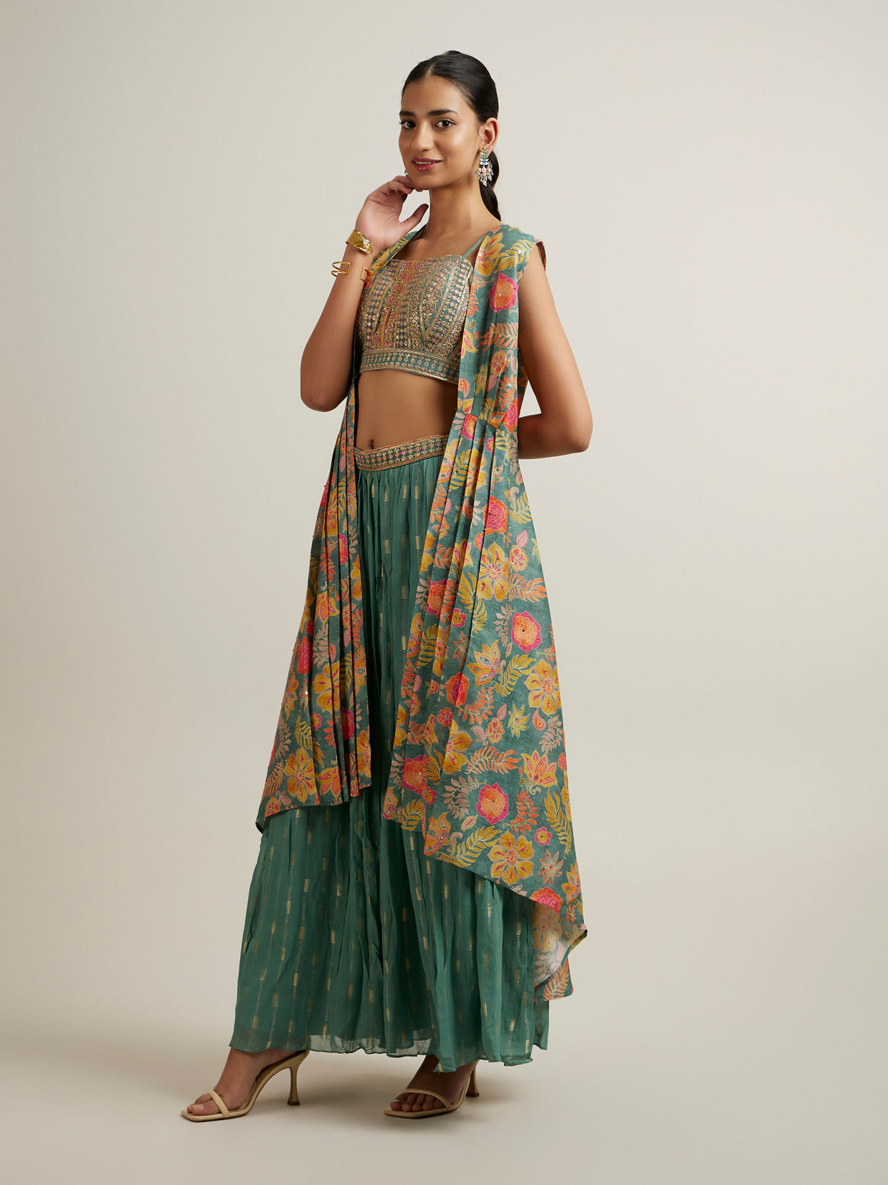 Mohey Women Emerald Elegance Georgette with Mirror and Sequin Indo Western