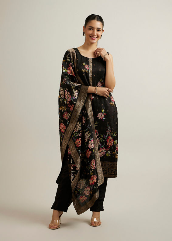 Mohey Women Carbon Black Floral Patterned Straight Suit