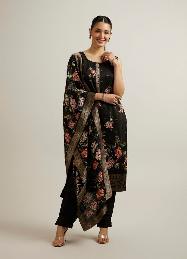 Mohey Women Carbon Black Floral Patterned Straight Suit