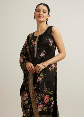 Mohey Women Carbon Black Floral Patterned Straight Suit