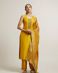 Mohey Women Mustard Yellow Sequin Embellished Suit with Floral Duapatta