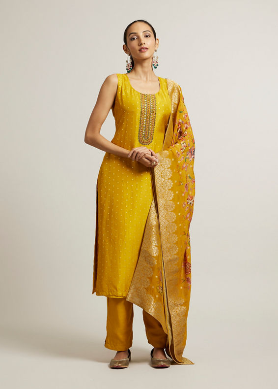 Mohey Women Mustard Yellow Sequin Embellished Suit with Floral Duapatta