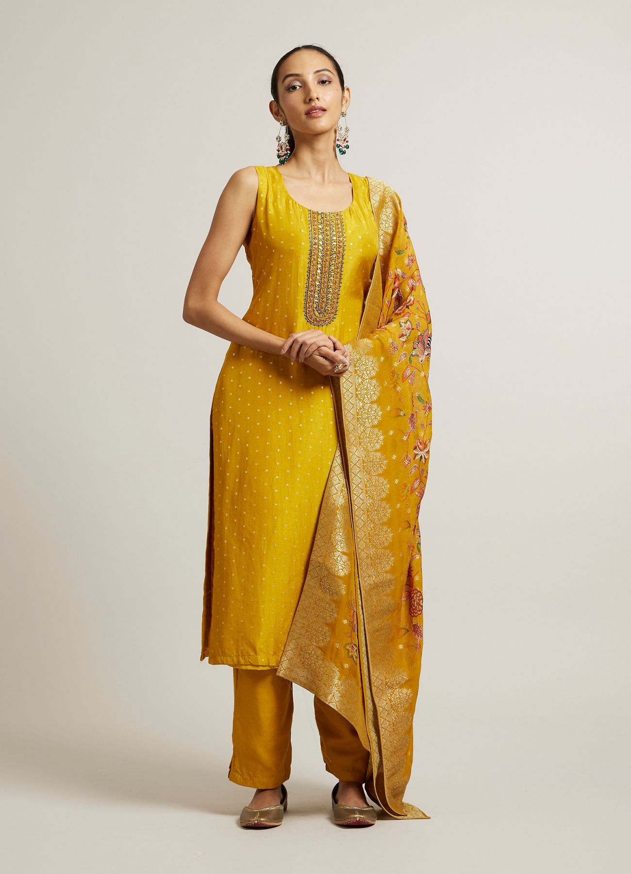 Mohey Women Mustard Yellow Sequin Embellished Suit with Floral Duapatta