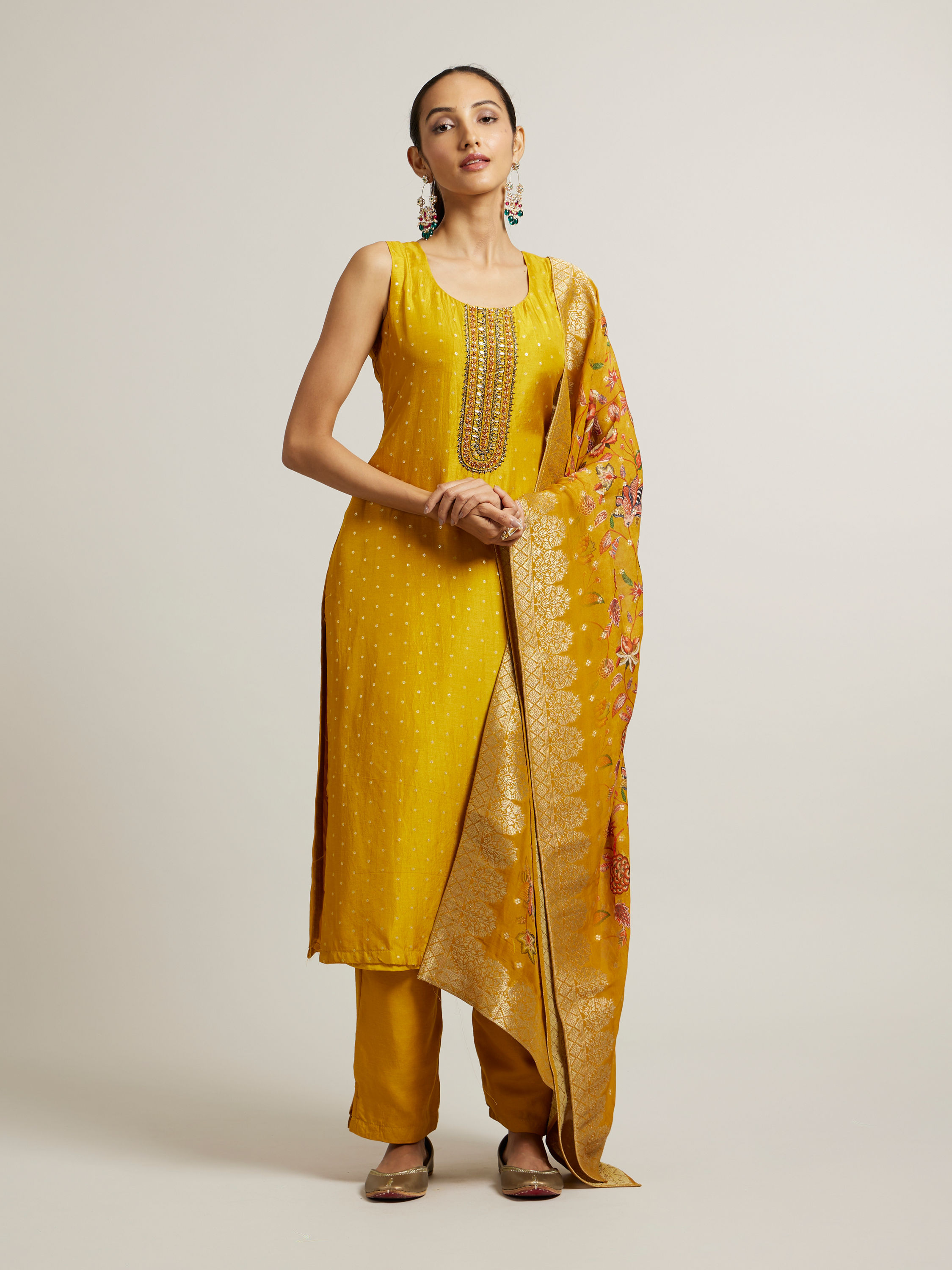 Mohey Women Mustard Yellow Sequin Embellished Suit with Floral Duapatta